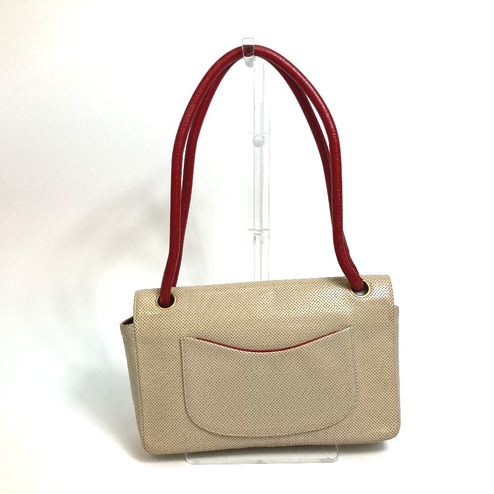CHANEL Shoulder Bag leather Beige typex red COCO Mark CC Punching Bicolor Women Used