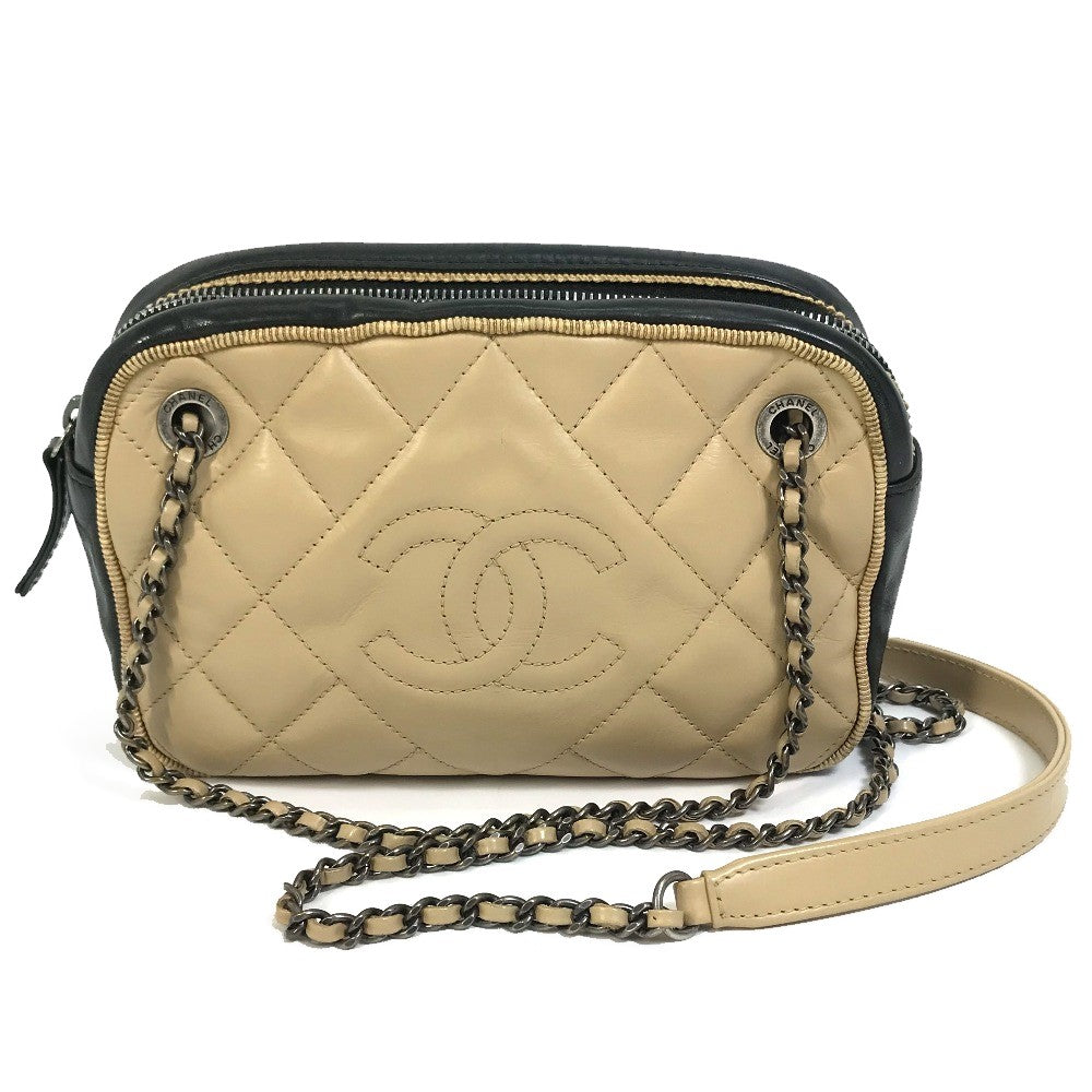 CHANEL Shoulder Bag Calf leather Beige x black CC COCO Mark ballerine Women Used