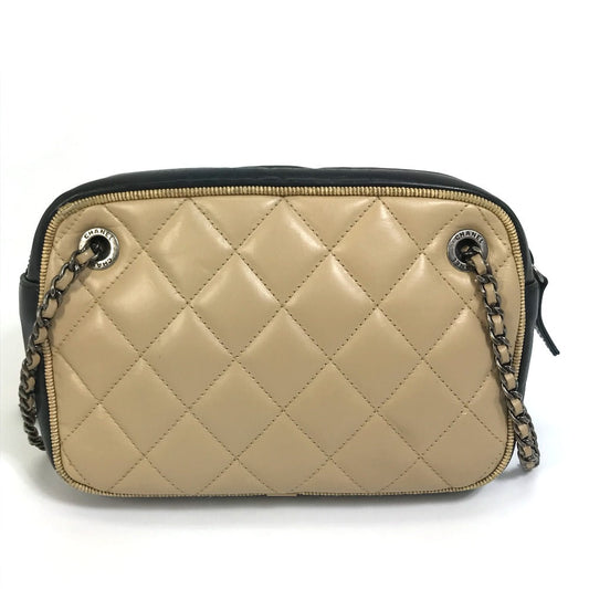 CHANEL Shoulder Bag Calf leather Beige x black CC COCO Mark ballerine Women Used