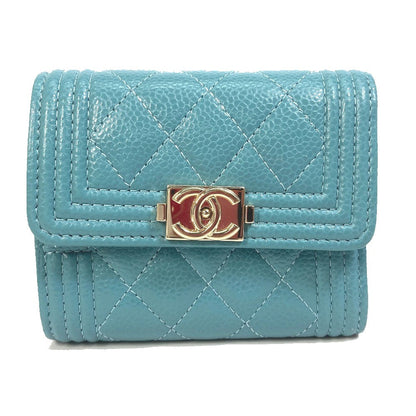 CHANEL Trifold wallet A84068 Soft caviar skin turquoise blue CC COCO Mark Boy chanel Women Used
