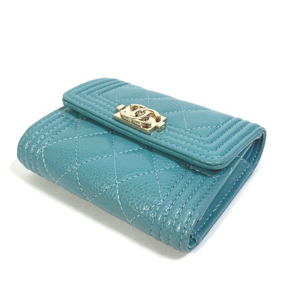 CHANEL Trifold wallet A84068 Soft caviar skin turquoise blue CC COCO Mark Boy chanel Women Used