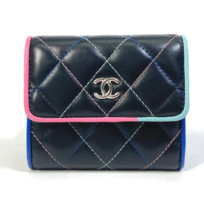 CHANEL Trifold wallet lambskin black CC COCO Mark Small flap Women Used