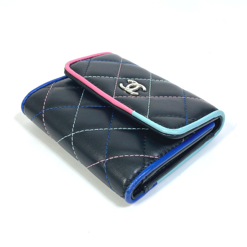 CHANEL Trifold wallet lambskin black CC COCO Mark Small flap Women Used