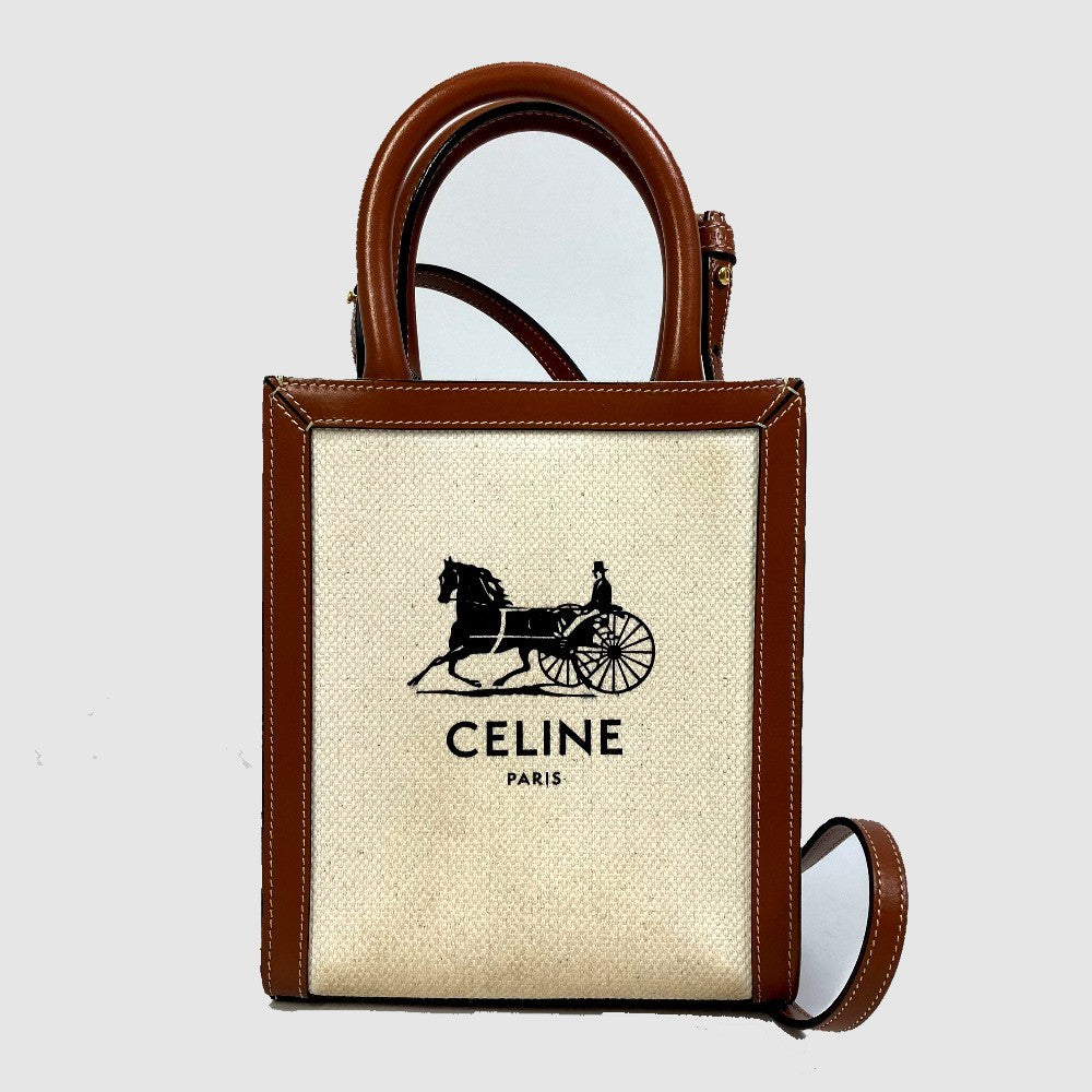 CELINE Shoulder Bag 193302DCI.02NT Canvas / leather beige Carriage Vertical hippo mini Women Secondhand