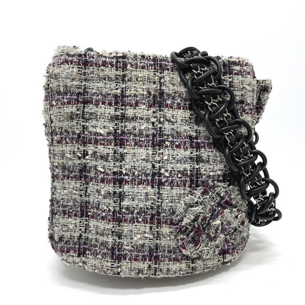 CHANEL Shoulder Bag tweed gray Camelia flap Women Used