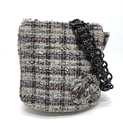CHANEL Shoulder Bag tweed gray Camelia flap Women Used