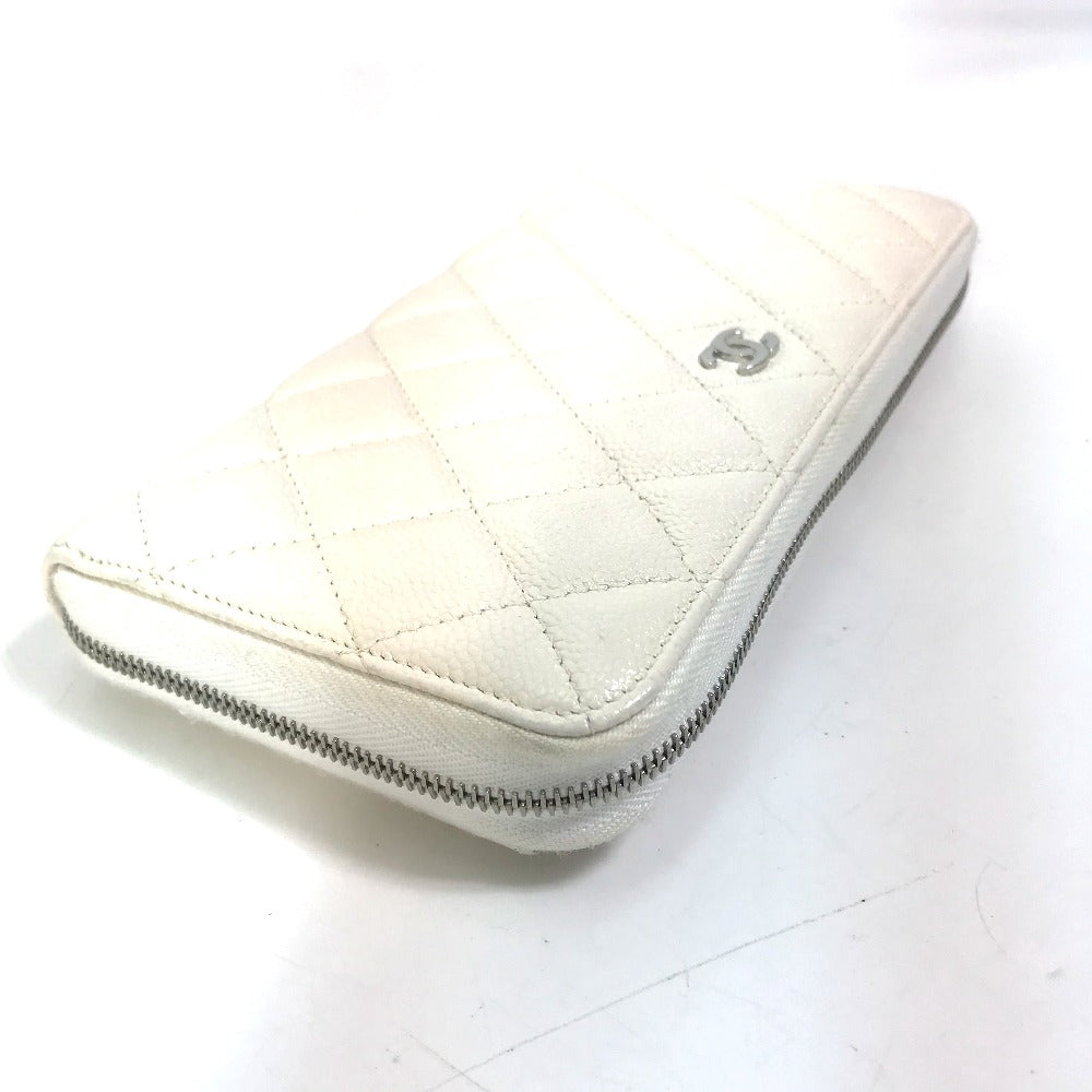 CHANEL Long Wallet Purse A50097 Caviar skin white Matelasse CC COCO Mark Zip Around Women Used