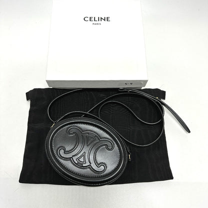 CELINE Shoulder Bag leather black Triomphe Oval Purse Cuir Women Used
