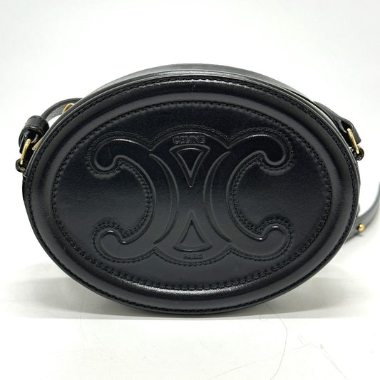 CELINE Shoulder Bag leather black Triomphe Oval Purse Cuir Women Used