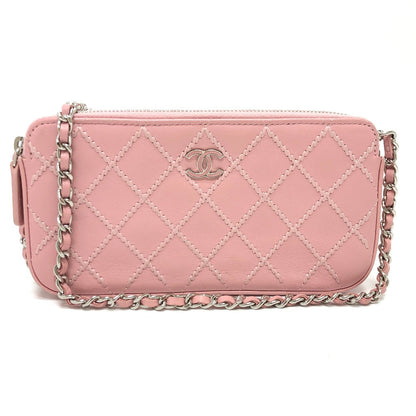 CHANEL Shoulder Bag A82527  lambskin pink CC COCO Mark Matelasse Wild Stitch Women Used
