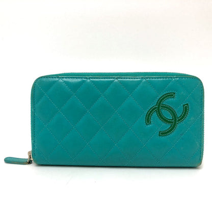 CHANEL Long Wallet Purse leather green COCO Mark Matrasse Women Used