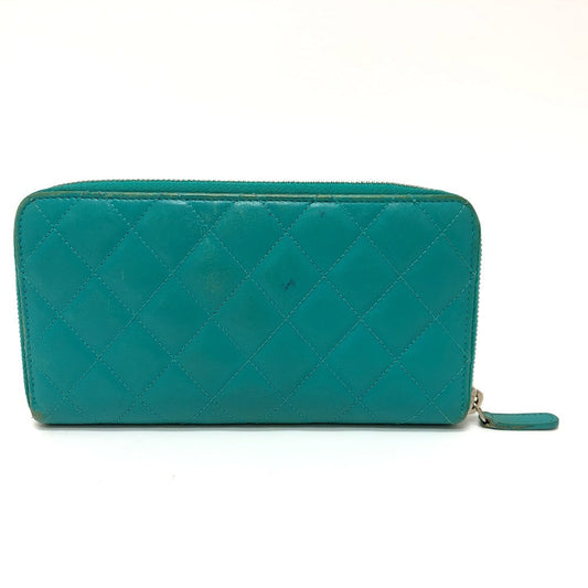 CHANEL Long Wallet Purse leather green COCO Mark Matrasse Women Used