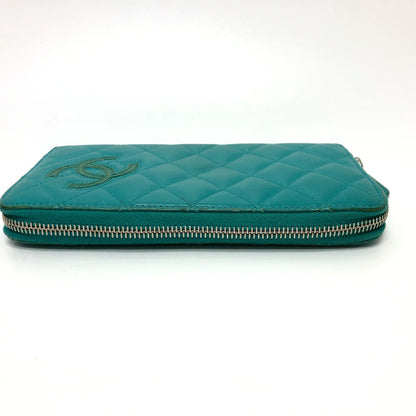 CHANEL Long Wallet Purse leather green COCO Mark Matrasse Women Used