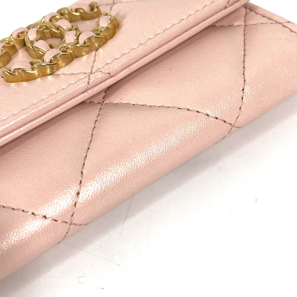 CHANEL Coin case lambskin pink 19th Line Chain CC Card Case Matelasse Women Used