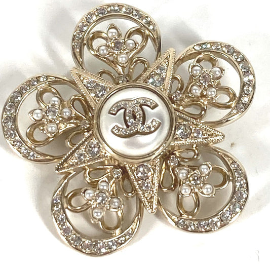 CHANEL Brooch ABC098 metal gold Rhinestone faux pearl C23K logo COCO Mark Women New