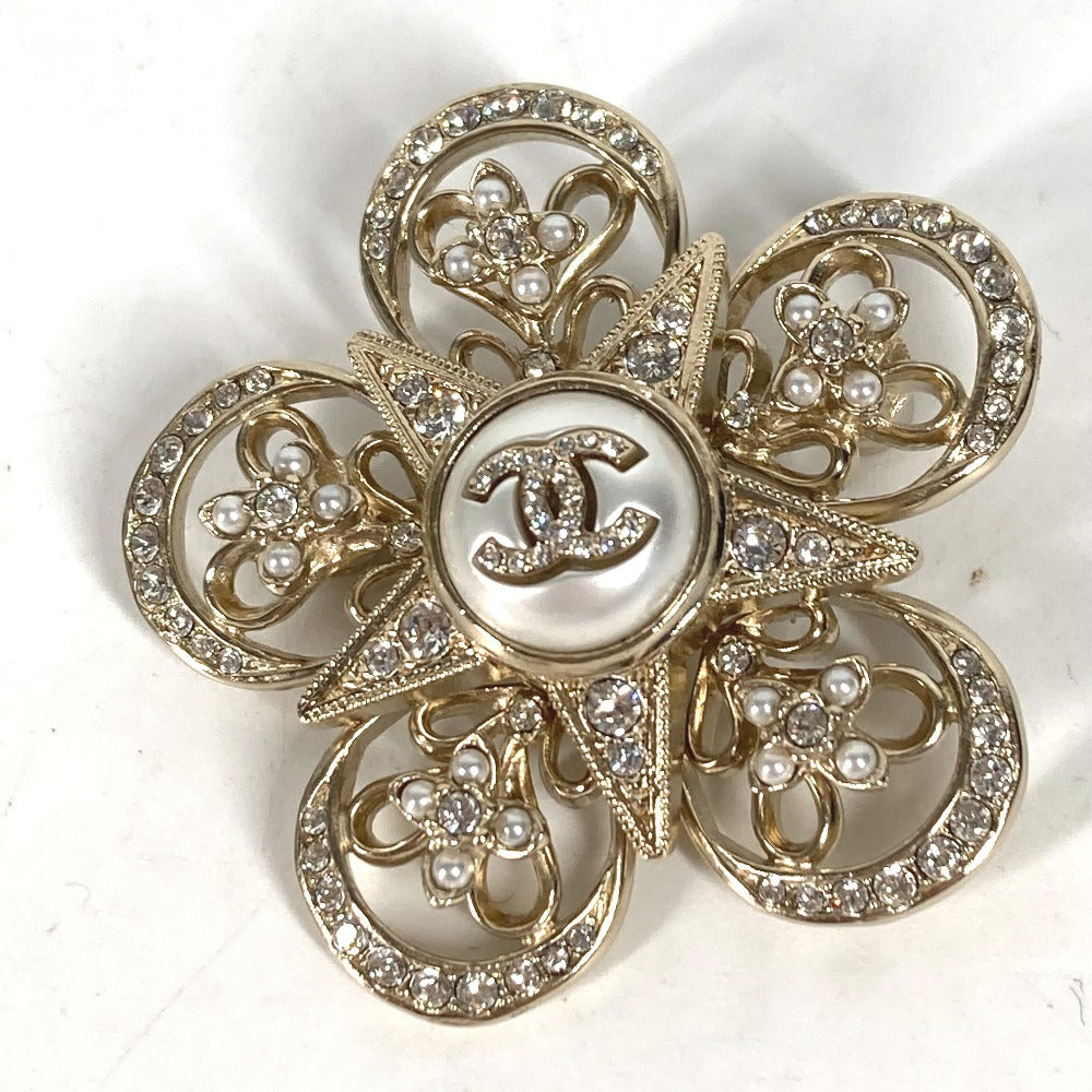CHANEL Brooch ABC098 metal gold Rhinestone faux pearl C23K logo COCO Mark Women New