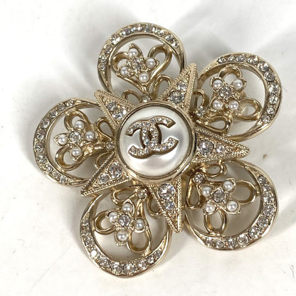 CHANEL Brooch ABC098 metal gold Rhinestone faux pearl C23K logo COCO Mark Women New