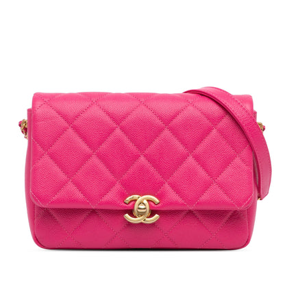 Pink Chanel Small Quilted Caviar Chain Melody Flap Crossbody Bag