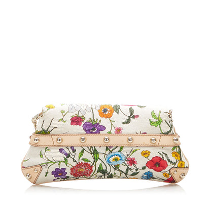 Gucci Flora Horsebit Chain Canvas Baguette White