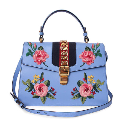 GUCCI Leather Embroidered Medium Sylvie Shoulder Bag Blue