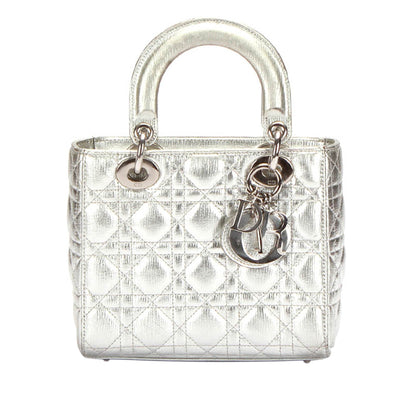Dior Cannage Lady Dior Metallic Leather Satchel Silver