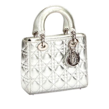 Dior Cannage Lady Dior Metallic Leather Satchel Silver
