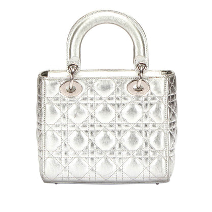 Dior Cannage Lady Dior Metallic Leather Satchel Silver