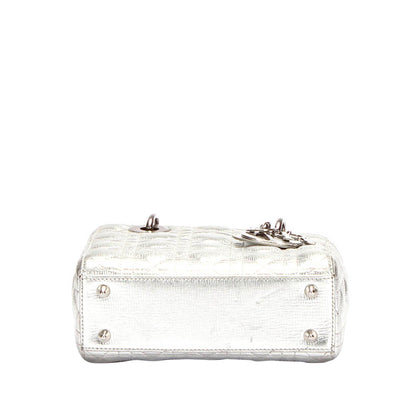 Dior Cannage Lady Dior Metallic Leather Satchel Silver