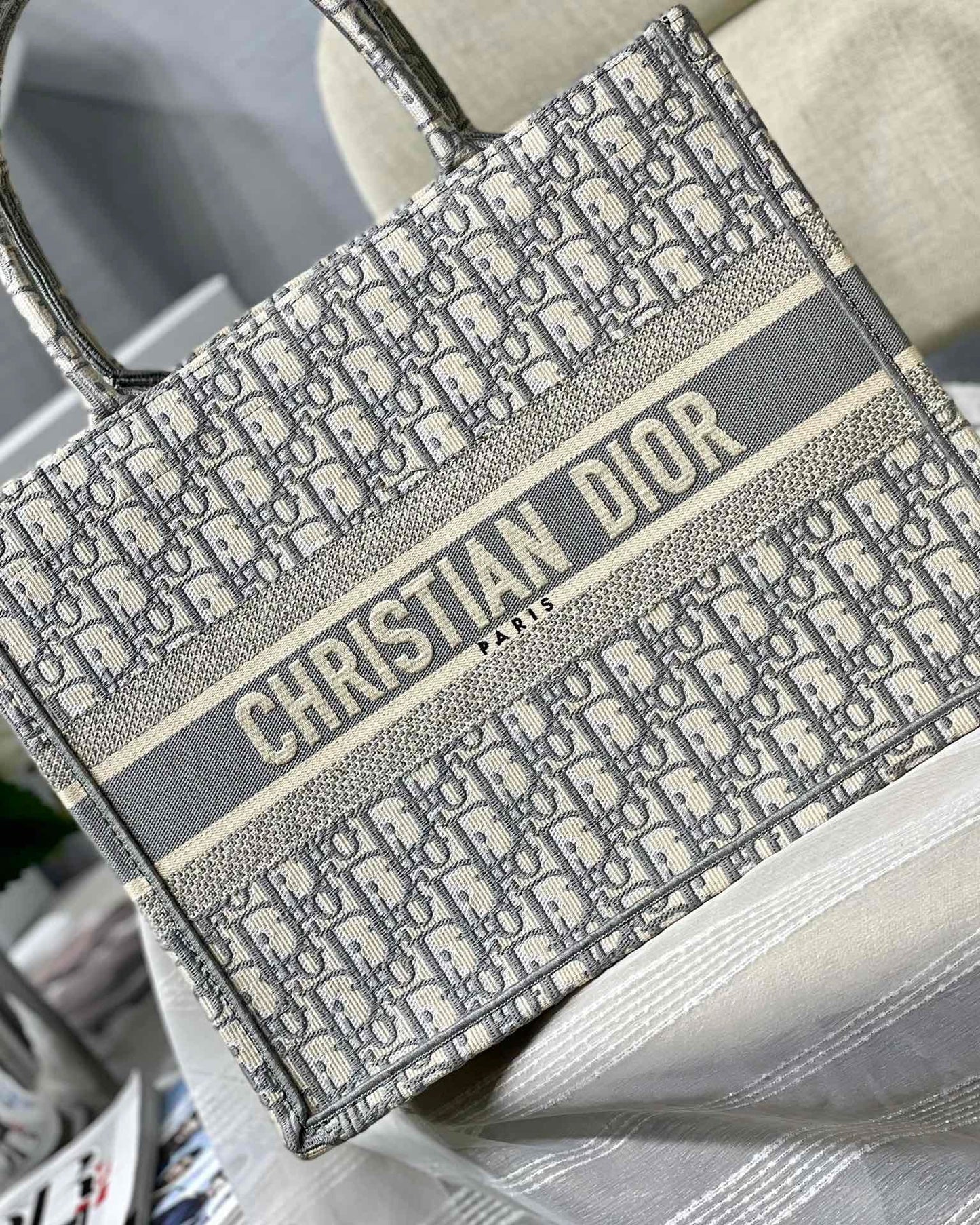 Gray Oblique Embroidery Dior Book Tote Tote Bag for Women