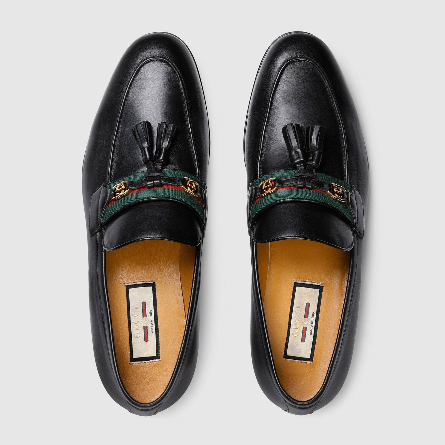 Gucci 624720 1066 Men's Shoes Black Calf-Skin Leather with Web and Interlocking G Tassels Loafers (GGM1721)