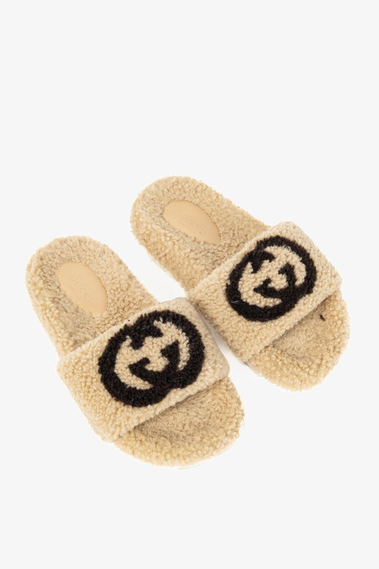 Gucci Beige Merino-Wool Faux-Shearling Interlocking-GG Slide Sandals