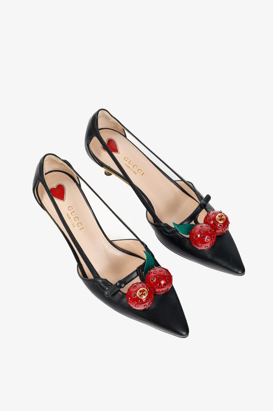 Gucci Unia Black Leather Cherry-Embellished Pointed-Toe Heels