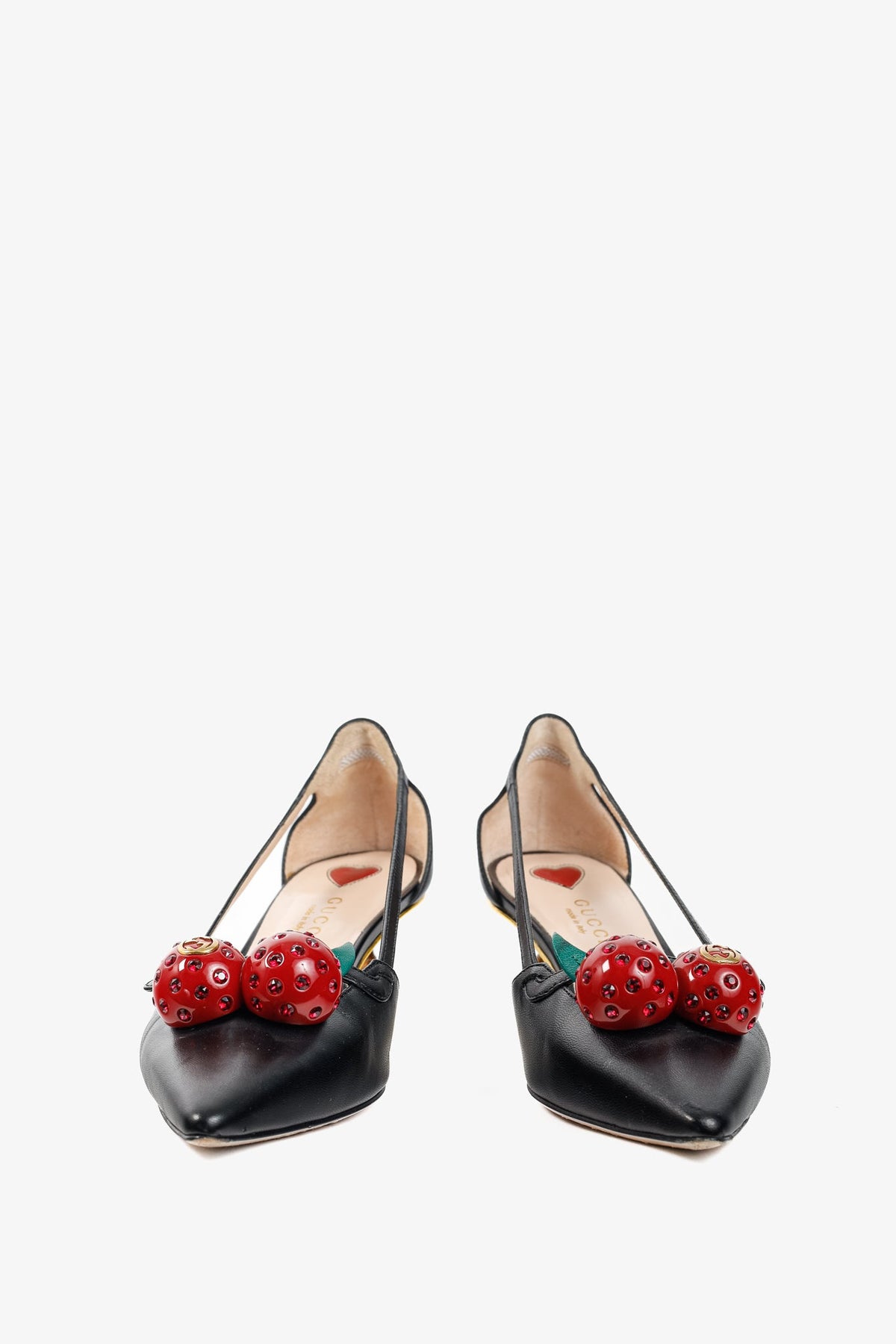 Gucci Unia Black Leather Cherry-Embellished Pointed-Toe Heels