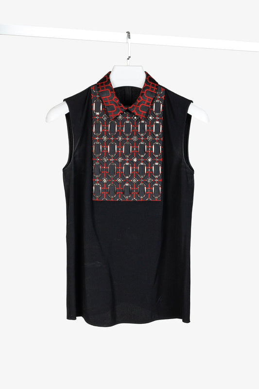 Gucci PF/15 Black Crepe Embellished Collared Sleeveless Blouse