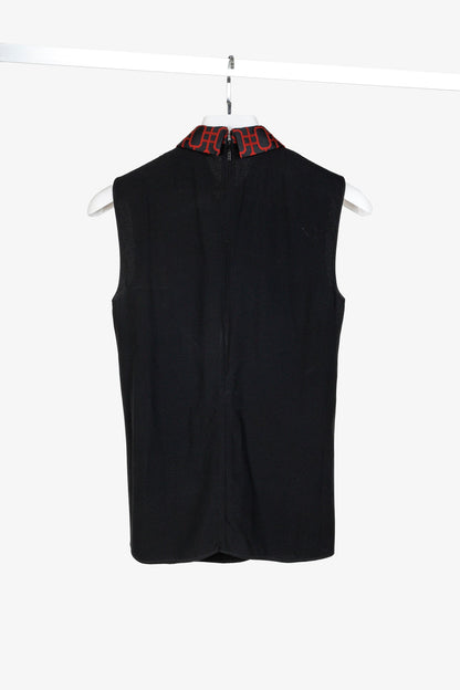 Gucci PF/15 Black Crepe Embellished Collared Sleeveless Blouse
