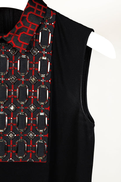 Gucci PF/15 Black Crepe Embellished Collared Sleeveless Blouse