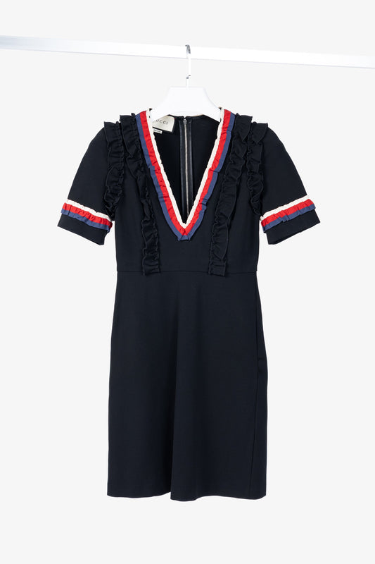 Gucci Black Sylvie-Web Ruffle-Detail Short Dress