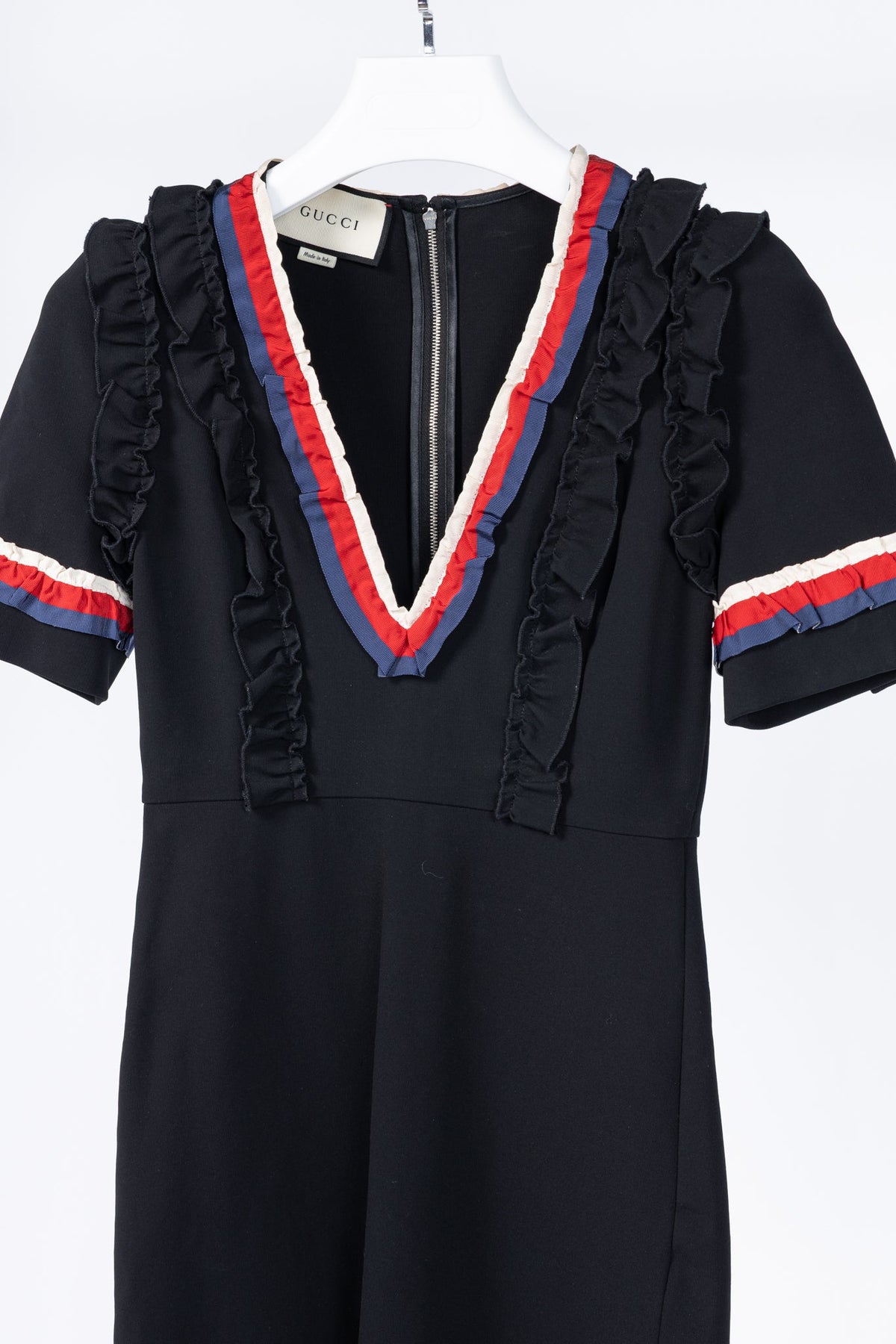 Gucci Black Sylvie-Web Ruffle-Detail Short Dress