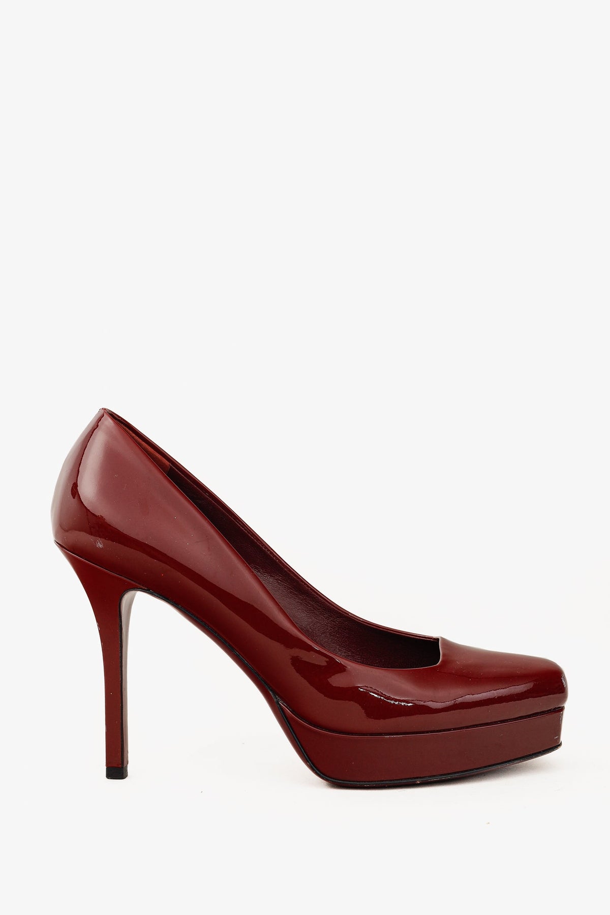 Gucci Burgundy Vernice Crystal Square-Toe Patent Leather Platform Pumps