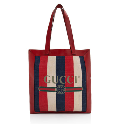 Gucci Canvas Sylvie Striped Logo Tote (SHF-S666dF)