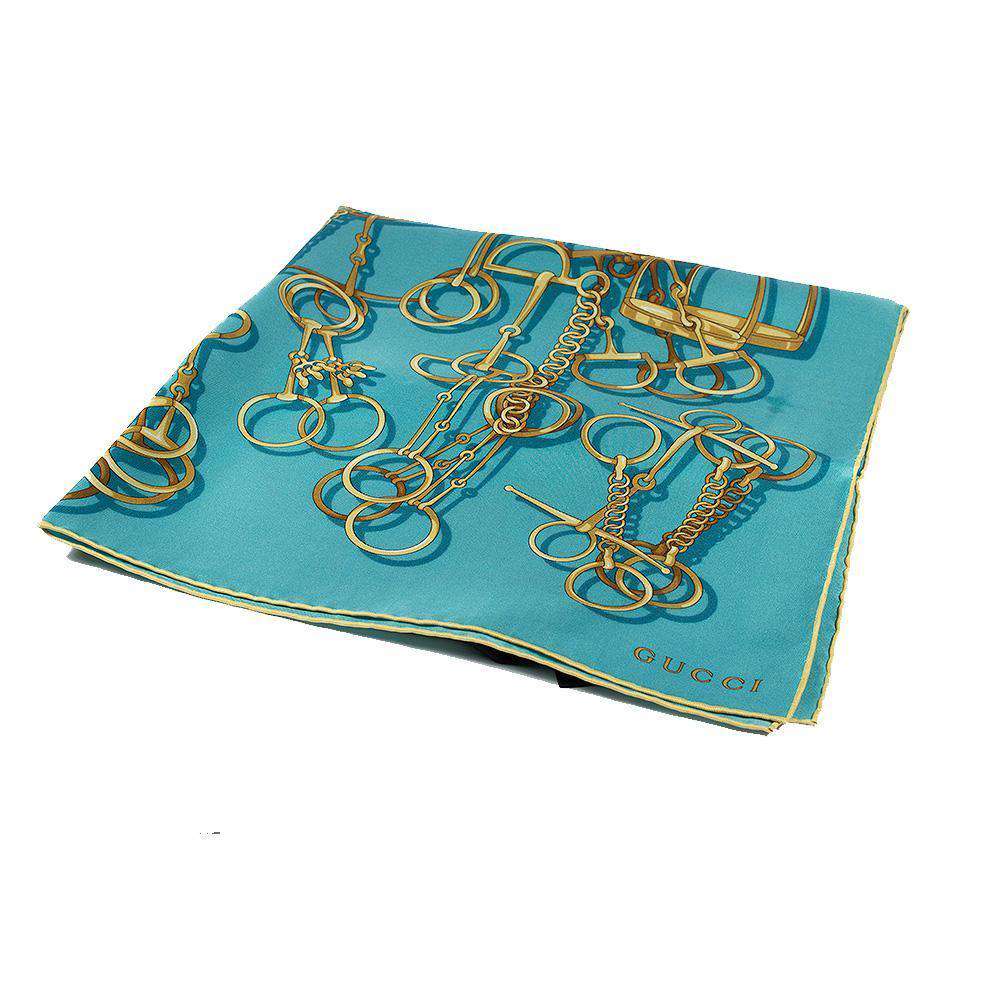 Gucci Cavalcata Silk Tilt Blue Turquoise Twill Horsebit Shawl (GGSH100)