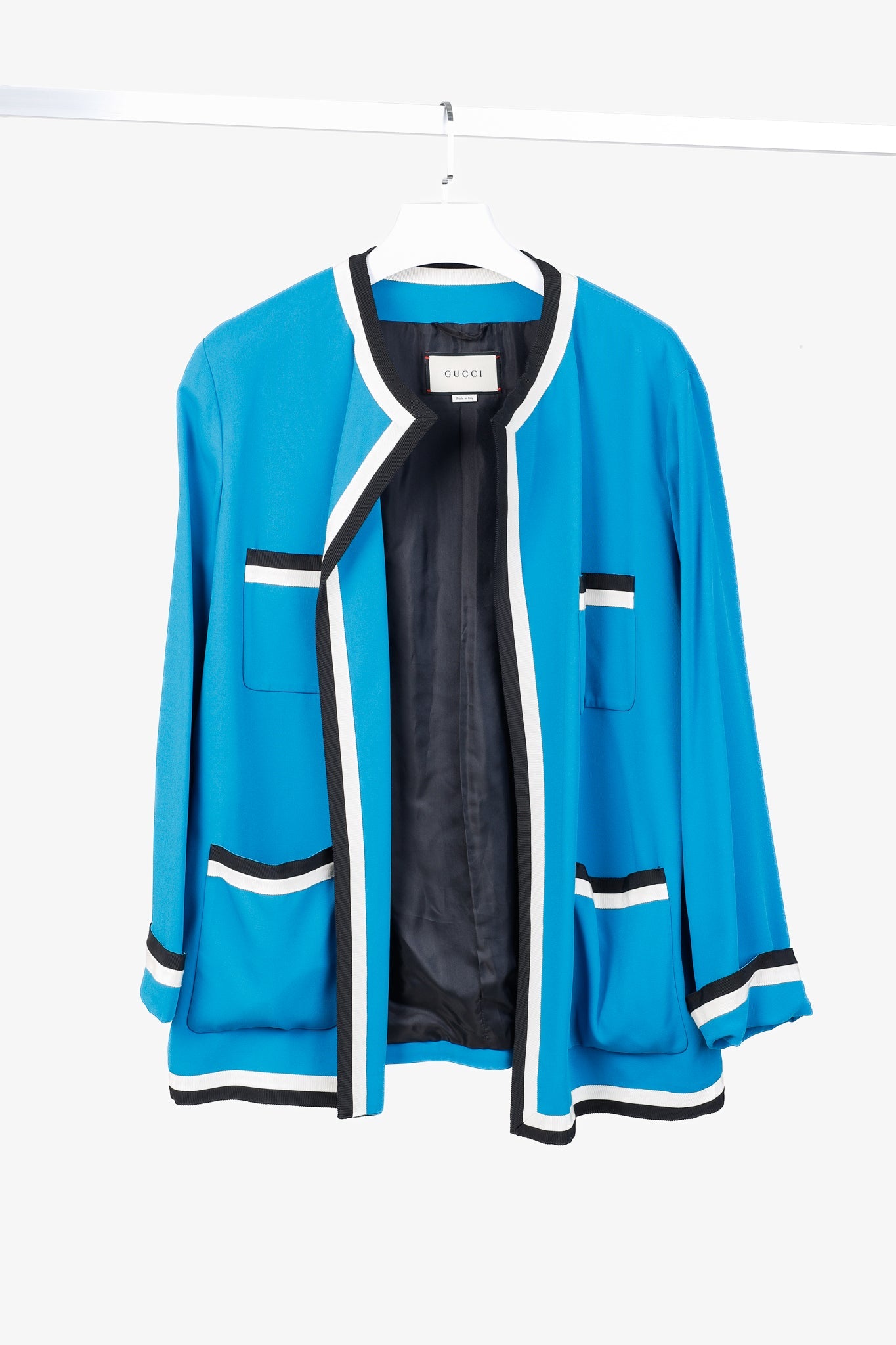 Gucci PF/18 Blue Belted Trimmed Stretch Viscose Oversized Jacket