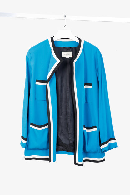 Gucci PF/18 Blue Belted Trimmed Stretch Viscose Oversized Jacket