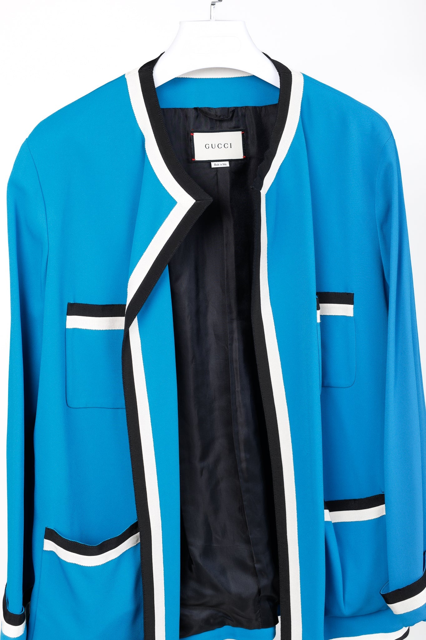 Gucci PF/18 Blue Belted Trimmed Stretch Viscose Oversized Jacket