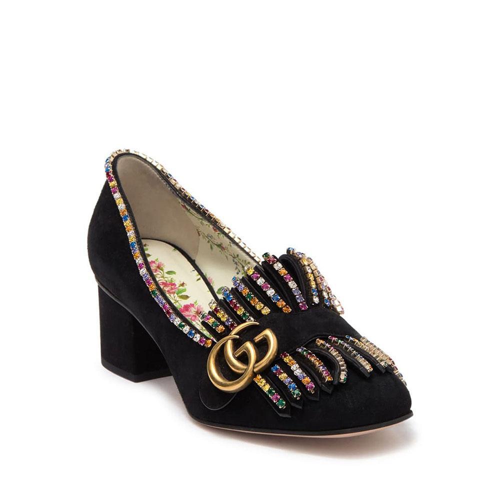 Gucci Embellished 501444 Women's Black Suede Leather Block Heel Pumps (GGW2900)
