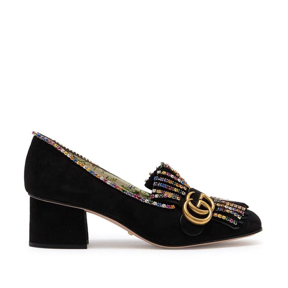 Gucci Embellished 501444 Women's Black Suede Leather Block Heel Pumps (GGW2900)
