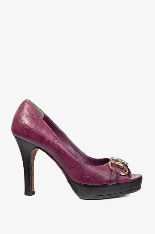 Gucci Purple Guccissima Soft Leather Horsebit Peep-Toe Pumps