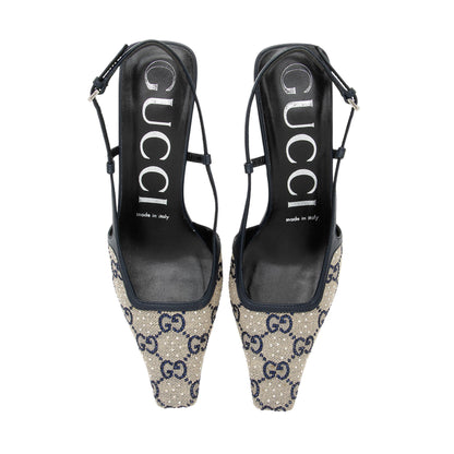 Gucci GG Canvas Malaga Crystal G Slingback Pumps - Size 6 / 36