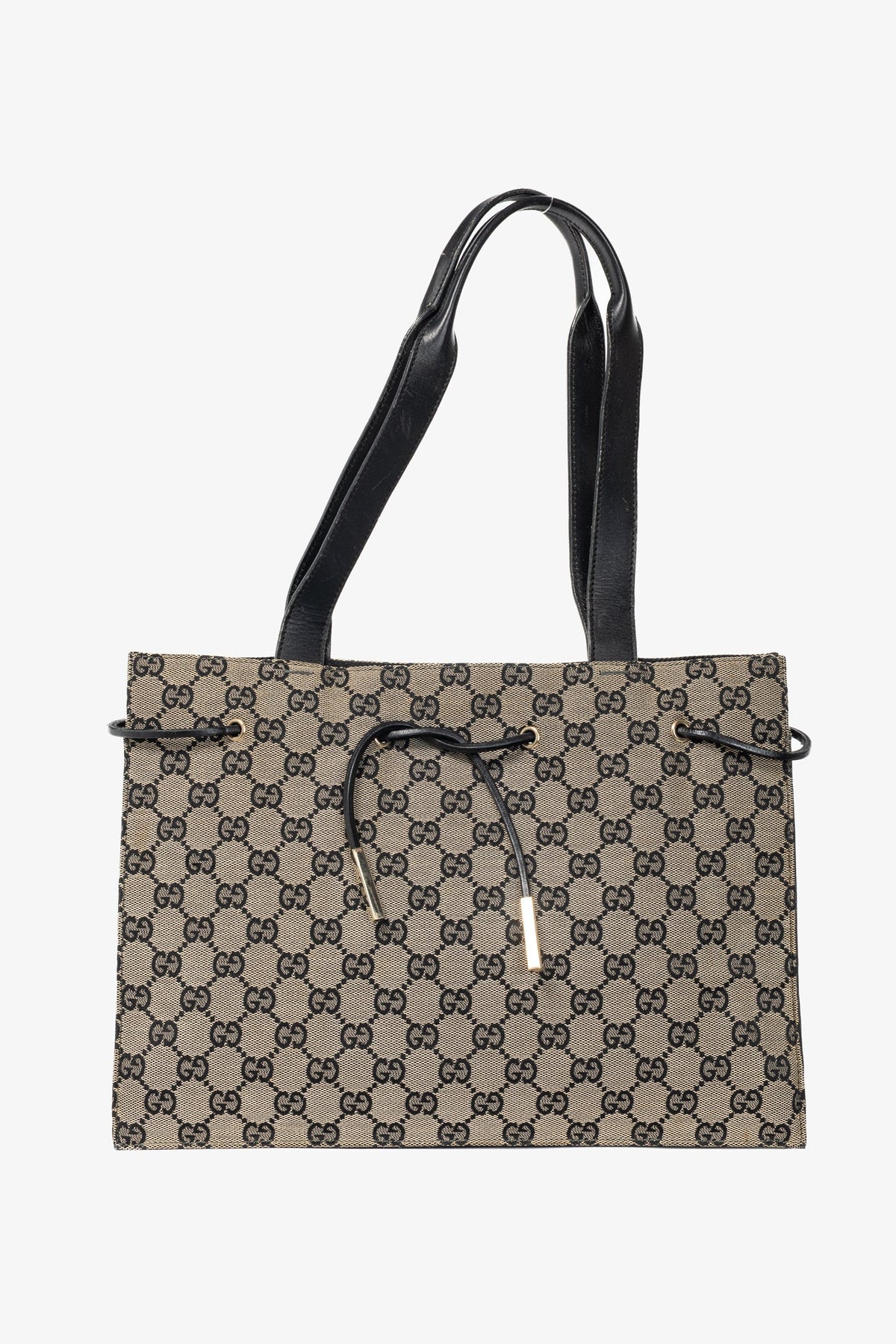 Gucci Khaki GG Canvas Black-Leather Drawstring Tote