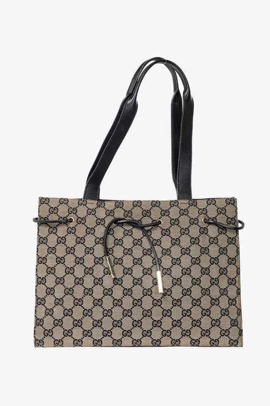 Gucci Khaki GG Canvas Black-Leather Drawstring Tote